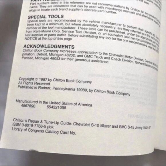 Chilton Repair Manual Auto Tune Up Chevy S-10 Blazer GMC S-15 Jimmy 1982-87 - Picture 7 of 7